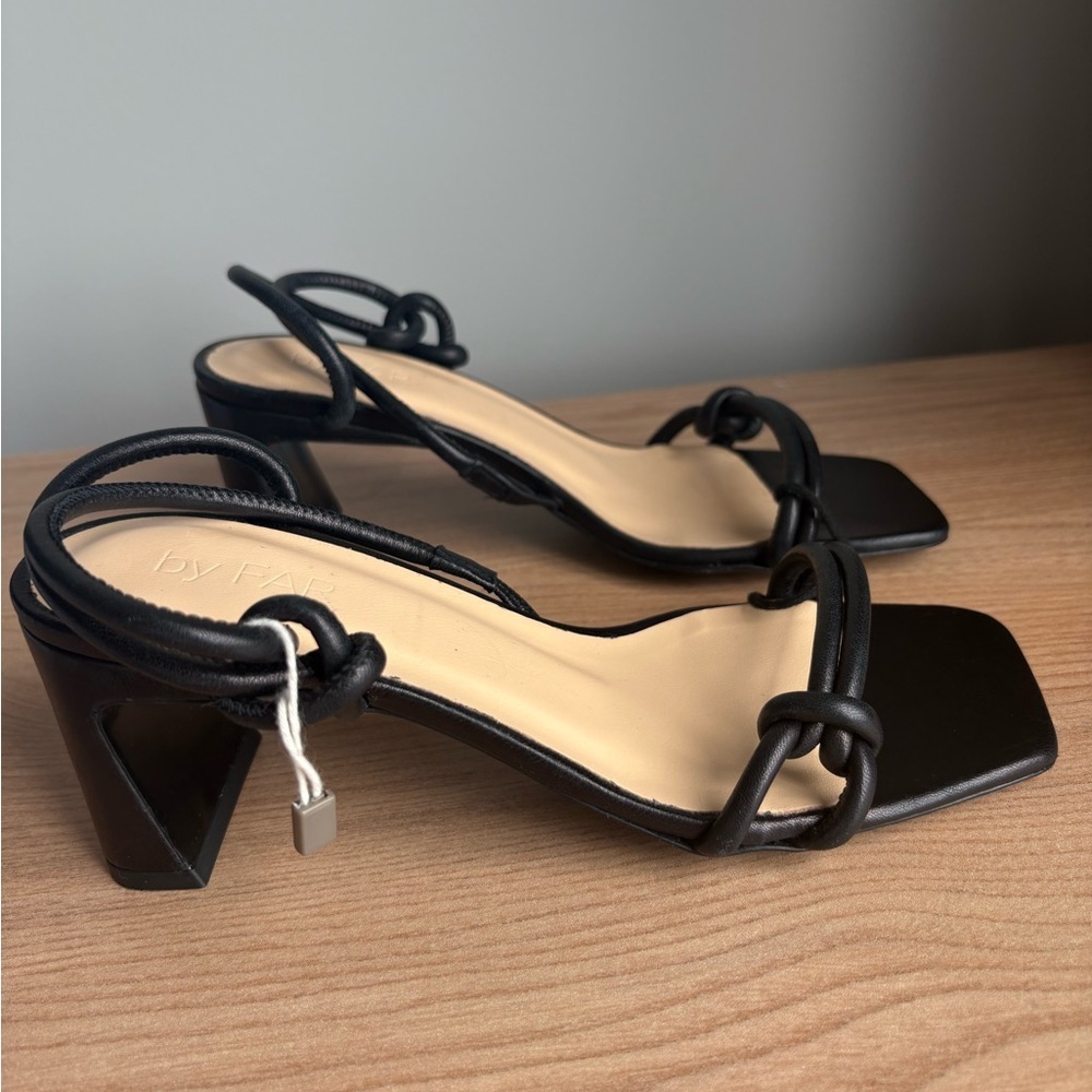 By Far Charlie Black Leather Knot Sandals Size 36 Square Toe 2.5” Heel - Picture 4 of 15